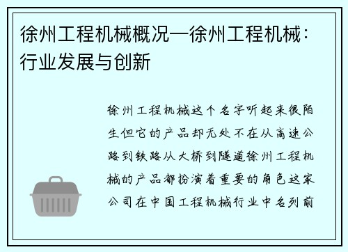 徐州工程机械概况—徐州工程机械：行业发展与创新